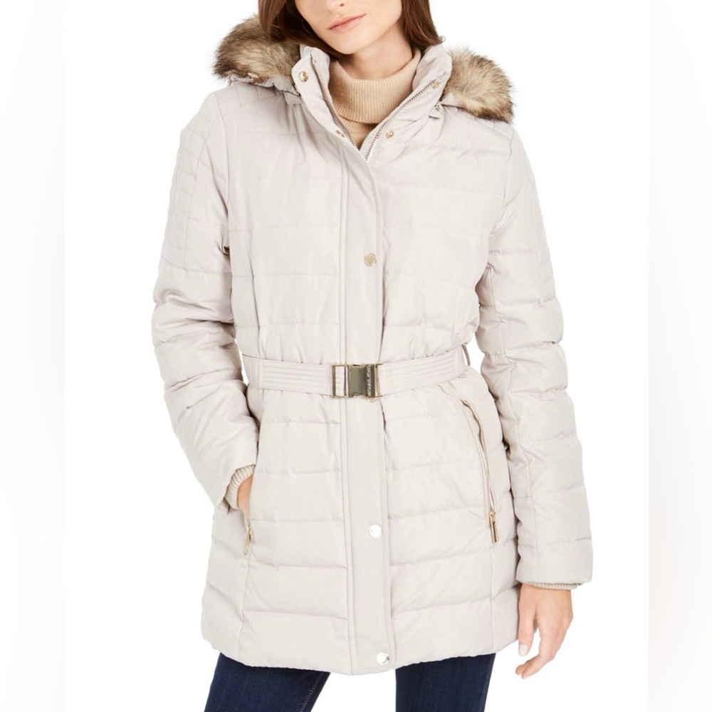 Michael Kors Light Beige Puffer Coat with Faux Fur Trim, Size S